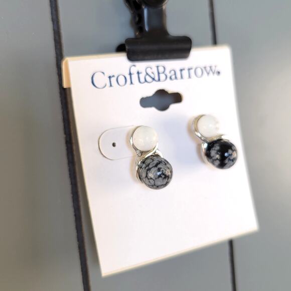 Croft & Barrow Black White Silver Faux Stone Stud Earrings Pierced Free Gift Bag - Picture 4 of 8